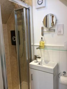 ein Bad mit einer Dusche, einem Waschbecken und einem Spiegel in der Unterkunft Pump View in Weymouth