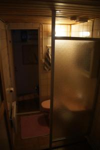a bathroom with a toilet and a glass door at Heidin Mummola Farm in Pello