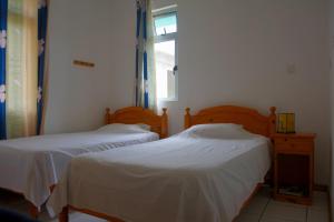 two twin beds in a room with a window at Villas Pingouin in Blue Bay