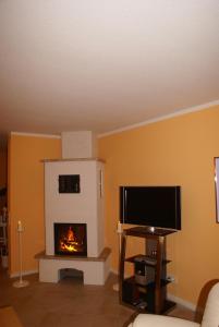 sala de estar con chimenea y TV de pantalla plana en Ferienhaus Fischlandperle, en Wustrow
