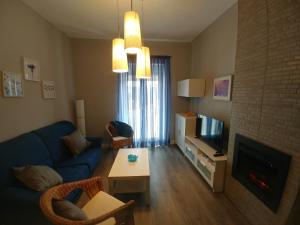 a living room with a blue couch and a tv at Puerta de Alcaraz in Alcaraz