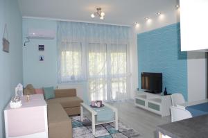 salon z kanapą i telewizorem w obiekcie Aquamarin Studio Apartman w Siófoku