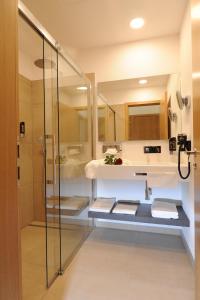 uma casa de banho com um chuveiro e uma cabina de duche em vidro. em Landgasthof Karolinenhöhe em Lichtenfels