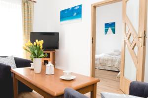 Televízia a/alebo spoločenská miestnosť v ubytovaní Apartment Olymp