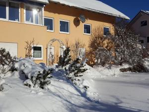 una casa con la neve davanti di Ferienwohnung Sonnenblick a Eisenbach