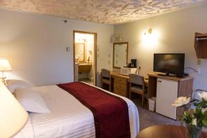 a hotel room with a bed and a desk with a television at Radium Park Lodge in Radium Hot Springs