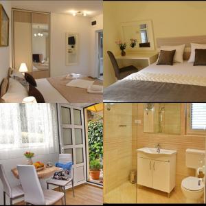 three pictures of a hotel room with a bed and a bathroom at Apartments & Rooms Jelka in Kotor