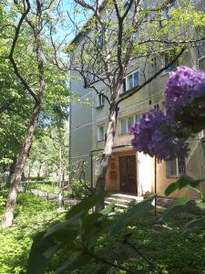 a building with purple flowers in front of it at Central Place Apartment Timisoara in Timişoara