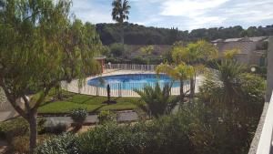 una piscina en un patio con árboles y una valla en tahiti parc maisonnette 6 pers 2 chambre, en Le Lavandou