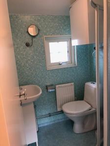 een badkamer met een toilet, een wastafel en een raam bij Lillstugan in Kärradal