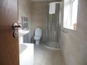 a bathroom with a toilet and a shower and a sink at Greyhound Inn in Winterborne Kingston +28 photos