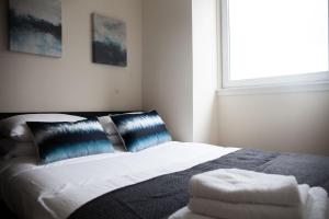 1 dormitorio con cama con almohada y ventana en Apartment E en Aberdeen
