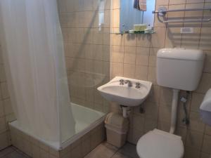 a bathroom with a sink and a toilet and a shower at Ambassador Motor Inn in Ballarat