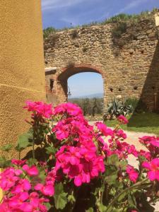 un ramo de flores rosas delante de una pared de piedra en Mansarda degli Ulivi, en Rigomagno