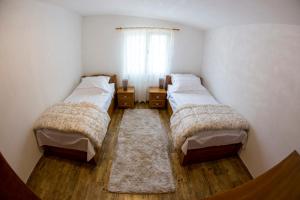 duas camas em um pequeno quarto com janela em Lux Apartments Fabris em Kotor