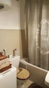 a bathroom with a toilet and a shower curtain at Appartement Centre Sainte-Clotilde in Sainte-Clotilde