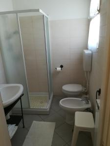 ボルジョ・ヴェレッツィにあるAlbergo Calcagnoのバスルーム(シャワー、トイレ、シンク付)