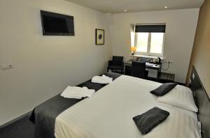 um quarto com uma cama, uma secretária e uma televisão em Hotel Parkview em Amsterdã