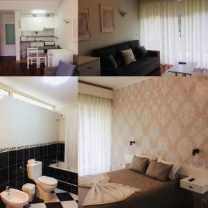 two pictures of a living room and a kitchen and a living room at Vale de Azereiros Apartamentos in Geres