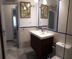 セビリアにあるREGINA apartmentのバスルーム(洗面台、トイレ、鏡付)