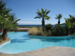 a swimming pool with palm trees and the ocean at Residence ISULA DI I CORSI in Zonza
