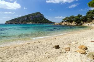 una spiaggia sabbiosa con una piccola isola in acqua di S'incantu a Olbia