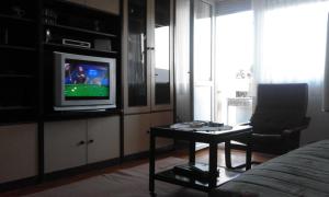 a living room with a television and a coffee table at Apartman na Savini in Herceg-Novi