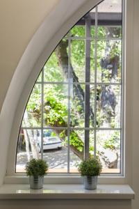 an arch window with two potted plants on a window sill at Arhiv Boutique House in Novi Sad