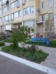 オデッサにあるApartment on Skvortsova 4aの建物前青いベンチ