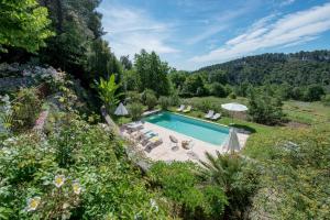 an overhead view of a swimming pool in a garden at Le Domaine du Fayet in Sanilhac