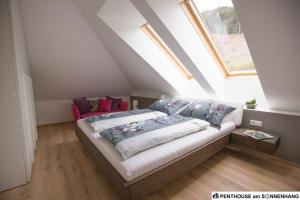 シュラートミンクにあるPenthouse am Sonnenhang mit exklusiver Ausstattungのベッドルーム1室(枕付きのベッド1台、窓付)