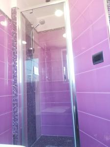 a purple bathroom with a shower with a toilet at Attico Sole Luna in Taormina