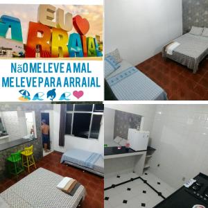 un collage de fotos de una habitación con cama y escritorio en Quitinetes e Suites em Arraial, en Arraial do Cabo