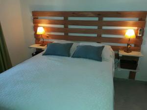 a bedroom with a bed with two lamps on two tables at Aluminé in Colón