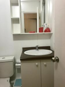 a bathroom with a sink and a toilet at Cosmopolita Rojo in La Serena