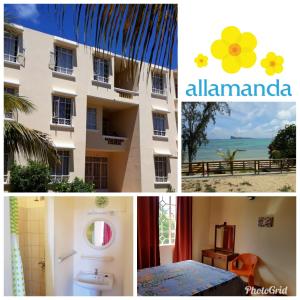 eine Collage mit Bildern eines Hotels mit einem Zimmer in der Unterkunft Allamanda Apartments - 100m Bain Boeuf Beach in Bain Boeuf