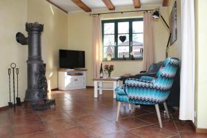 a living room with a chair and a fireplace at Ferienhaus "Sanddüne No.19" in Boltenhagen