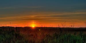 a sunset in a field with the sun setting at Thorsminde Camping & Cottages in Thorsminde