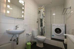 a bathroom with a toilet sink and a washing machine at PENNY Ferienwohnung in Velpke