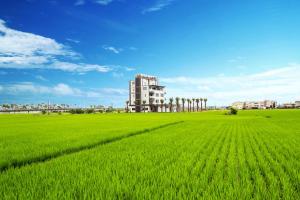 a field of green grass with a building in the background at Urban Oasis Inn in Luodong
