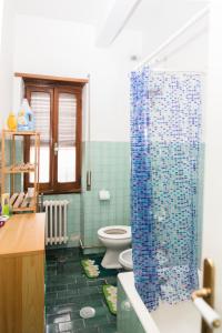 ローマにあるGordiani Roomのバスルーム(トイレ、青いシャワーカーテン付)