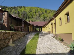 a cobblestone alley between two buildings with a stone wall at Oma's Hutte in Cărpiniş