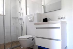 a white bathroom with a toilet and a shower at Villa Mambo in Mlini +17 photos