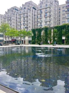 ヴィルールバンヌにあるStudio Richelieu 2 et son parking privéの高層ビルが立ち並ぶ都市の大きな水のプール