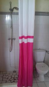 a bathroom with a pink shower curtain and a toilet at Meridienne Creole in Sainte-Anne