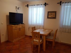 a kitchen with a table and chairs and a tv at Pr Bevc in Bled