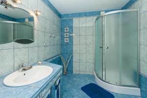 a blue bathroom with a sink and a shower at Waldi in Grzybowo +50 photos