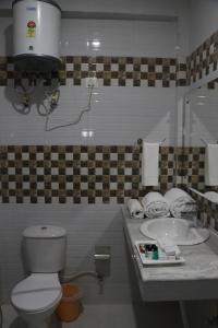 La salle de bains est pourvue de toilettes et d'un lavabo. dans l'établissement Hotel Ashiana Palampur, à Palampur