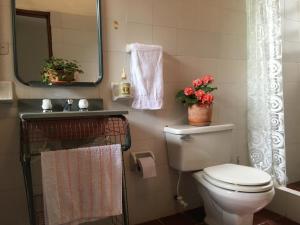 La salle de bains est pourvue de toilettes, d'un lavabo et d'un miroir. dans l'établissement Quinta Sans-Soucis, à Choachí