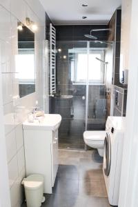 グダニスクにあるPokoje Kartuskaのバスルーム(洗面台、トイレ、シャワー付)